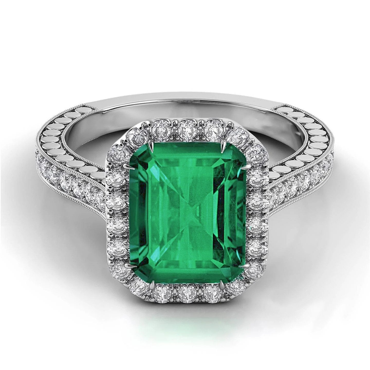 Bague de mariage émeraude verte et diamants bijoux en or blanc 21.50 ct - HarryChadEnt.FR