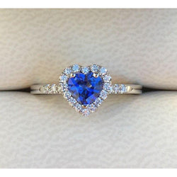 Bague de mariage en forme de coeur avec diamants et saphir de Ceylan en or 3.90 ct 14K