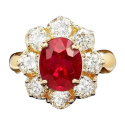 Bague de mariage en or jaune 14 carats avec rubis rouge et diamant 4 carats