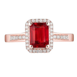 Bague de mariage en or rose 14K avec rubis rouge et diamants taille émeraude 5 ct