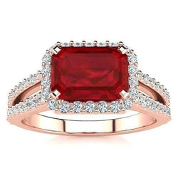 Bague de mariage en rubis rouge taille émeraude 13 carats avec diamants en or rose 14 carats
