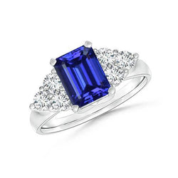 Bague de mariage en saphir bleu de Ceylan taille émeraude de 4 carats et diamants ronds