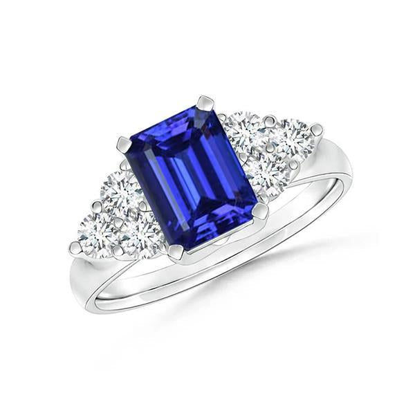 Bague de mariage en saphir bleu de Ceylan taille émeraude de 4 carats et diamants ronds - HarryChadEnt.FR