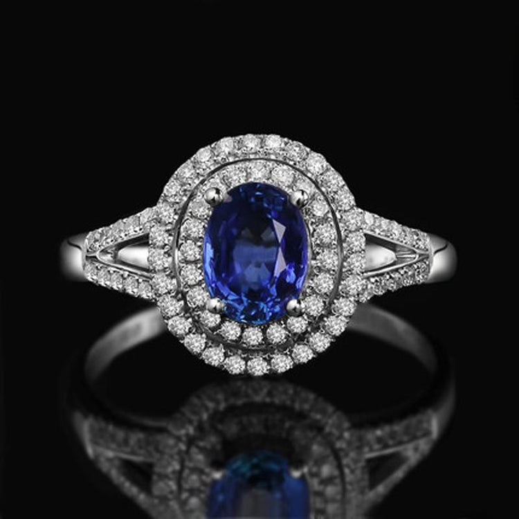 Bague de mariage en saphir ovale bleu de 2.45 ct avec diamants en or blanc 14K - HarryChadEnt.FR