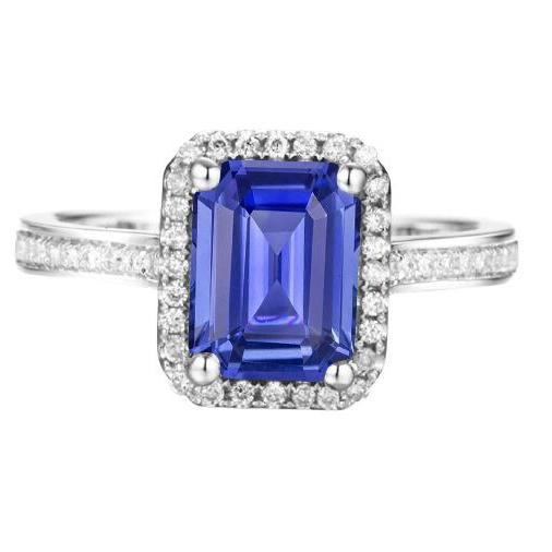 Bague de mariage halo diamant bleu saphir taille émeraude or 3.50 carats - HarryChadEnt.FR