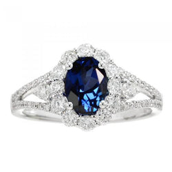 Bague de mariage ovale 2 ct avec saphir de Ceylan et diamants en or blanc 14K