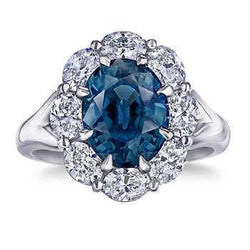 Bague de mariage ovale avec halo de saphir bleu et diamants 3.30 ct. Ou Blanc 14K