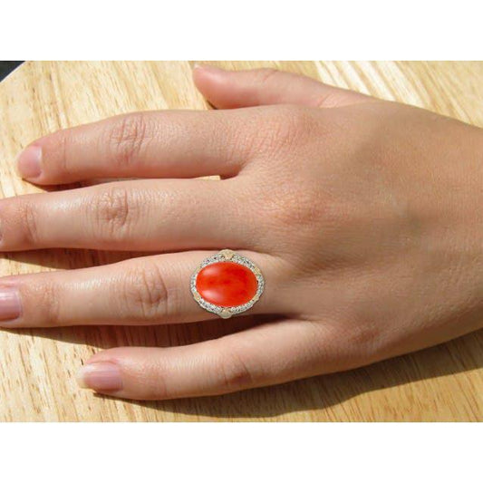 Bague de mariage ovale en corail rouge avec diamants 11.20 ct en or jaune 14 carats - HarryChadEnt.FR