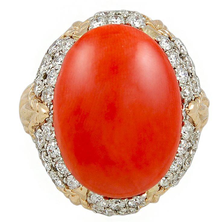 Bague de mariage ovale en corail rouge avec diamants 11.20 ct en or jaune 14 carats - HarryChadEnt.FR