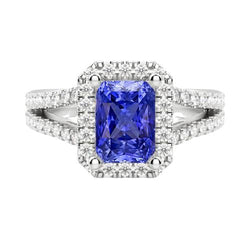 Bague de mariage pour femme Halo saphir coupe radiante 4 carats tige fendue en V