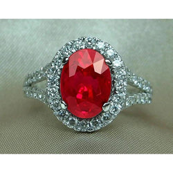 Bague de mariage rubis ovale rouge avec accents diamants 6.75 carats or blanc