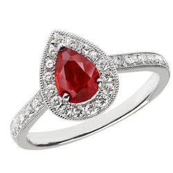 Bague de mariage rubis taille poire et diamant rond 3 carats or blanc 14K