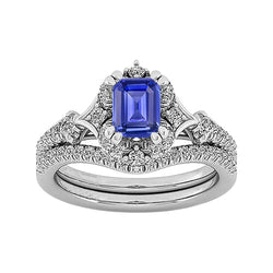 Bague de mariage sertie cathédrale Halo sertie de saphirs bleus et de diamants