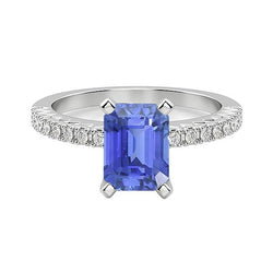 Bague de mariage solitaire saphir bleu émeraude avec accents de diamants 3 carats