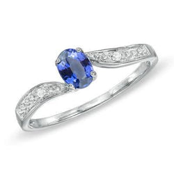 Bague de Promesse Diamant Ovale Saphir Sri Lankais Or Blanc 14K