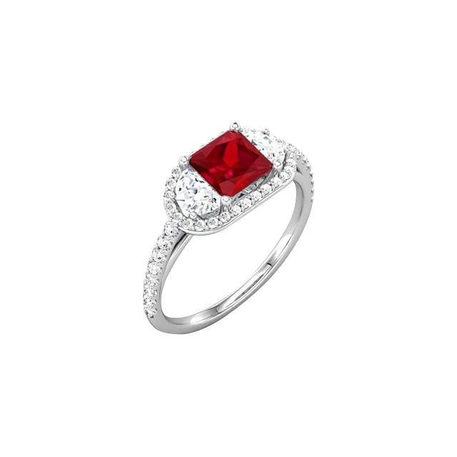 Bague de style trois pierres étincelante princesse rubis rouge 3 carats WG 14K - HarryChadEnt.FR