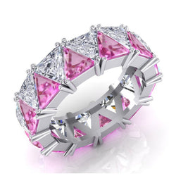 Bague d'éternité Diamant Saphir Rose Trilliant 9 ct Pierres Précieuses
