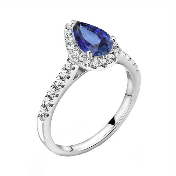 Bague diamant 3 carats sertie saphir bleu et pavé Halo poire - HarryChadEnt.FR