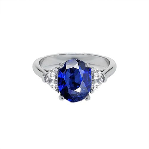 Bague diamant 3 pierres avec saphir bleu profond ovale en or 8.25 carats 14K - HarryChadEnt.FR