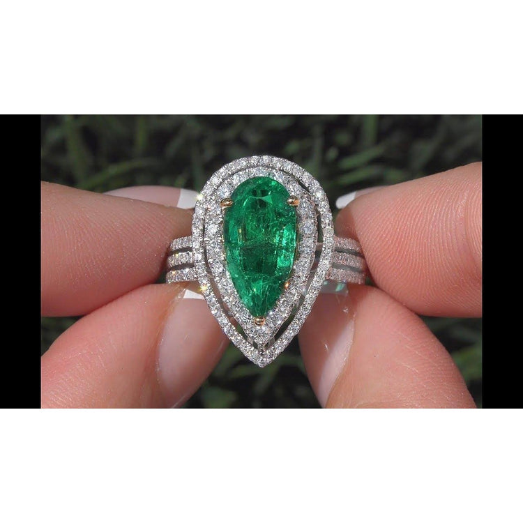 Bague diamant 5 carats belle poire vert émeraude or blanc 14K - HarryChadEnt.FR