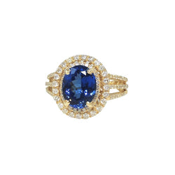 Bague diamant bleu tanzanite ovale en or jaune 6 carats 14 carats