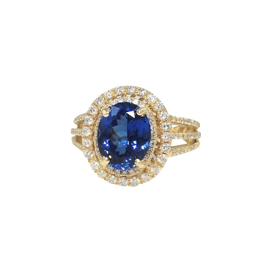 Bague diamant bleu tanzanite ovale en or jaune 6 carats 14 carats - HarryChadEnt.FR