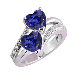Bague diamant coeur saphir bleu 2 pierres tige fendue 3.50 carats