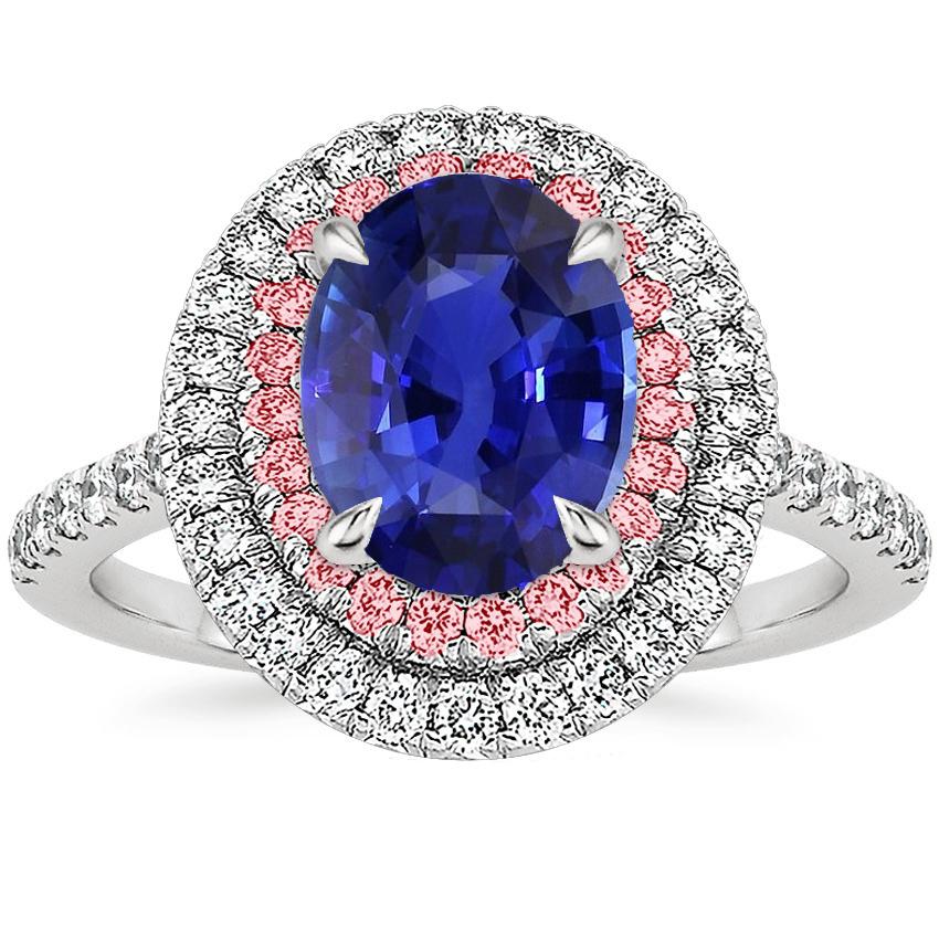 Bague diamant double halo ovale bleu et saphir rose sertie de griffes 5 carats - HarryChadEnt.FR