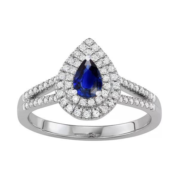 Bague diamant double halo poire saphir bleu tige fendue 3 carats - HarryChadEnt.FR