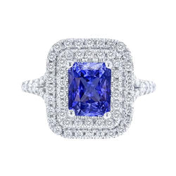 Bague diamant double halo radiant saphir 4 carats tige fendue