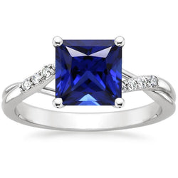 Bague diamant femme princesse saphir bleu tige torsadée 5.25 carats