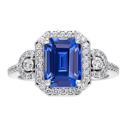 Bague diamant halo Srilanka saphir émeraude style 3 pierres 4.50 carats