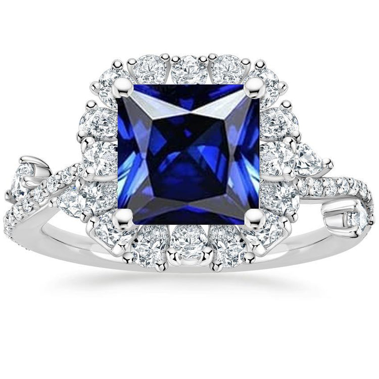 Bague diamant halo bleu saphir taille princesse avec accents 7.50 carats - HarryChadEnt.FR
