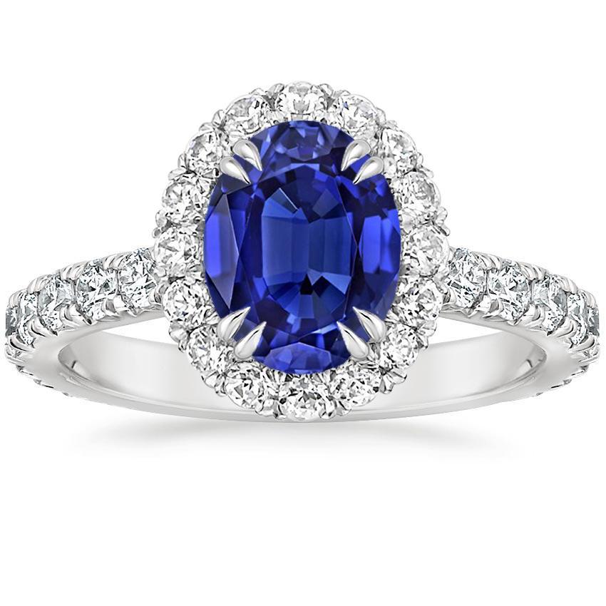 Bague diamant halo ovale bleu profond serti griffes de saphir 6.50 carats - HarryChadEnt.FR