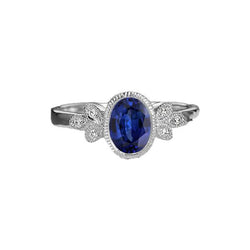 Bague diamant ovale sertie lunette saphir bleu 3 carats style antique or