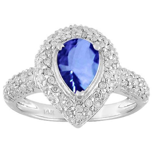 Bague diamant poire et saphir bleu du Sri Lanka ronds 4.40 carats WG 14K - HarryChadEnt.FR