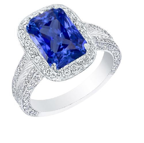 Bague diamant rond halo radiant saphir tige fendue millegrain 5 carats - HarryChadEnt.FR