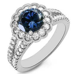 Bague diamant rond halo saphir bleu Sri Lanka 2.25 carats ou blanc