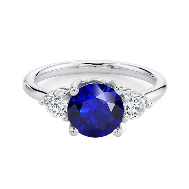 Bague diamant rond trois pierres saphir bleu profond 2.50 carats bijoux - HarryChadEnt.FR