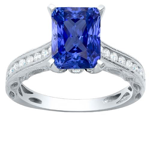 Bague diamant saphir avec accents 4 carats tige Milgrain Channel Set - HarryChadEnt.FR