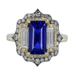 Bague diamant saphir bleu taille émeraude en or jaune et blanc 6.75 carats
