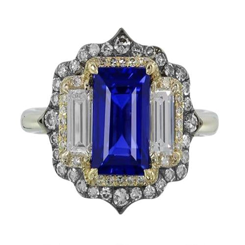 Bague diamant saphir bleu taille émeraude en or jaune et blanc 6.75 carats - HarryChadEnt.FR