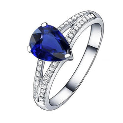 Bague diamant saphir bleu tige fendue 3 carats or blanc 14K