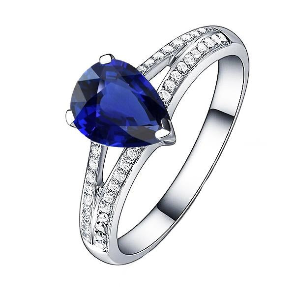 Bague diamant saphir bleu tige fendue 3 carats or blanc 14K - HarryChadEnt.FR