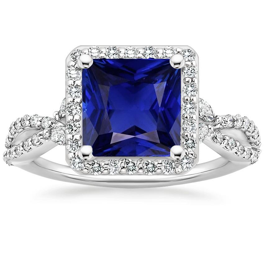 Bague diamant saphir halo taille princesse tige torsadée en or 6.25 carats - HarryChadEnt.FR