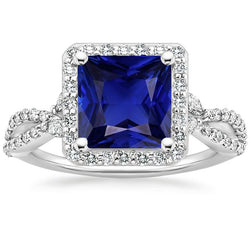 Bague diamant saphir halo taille princesse tige torsadée en or 6.25 carats
