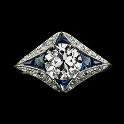 Bague diamant saphir taille ancienne et trapèze 3.75 carats Milgrain