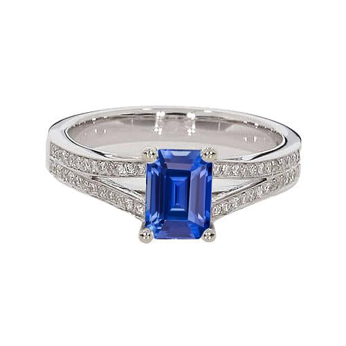 Bague diamant taille émeraude saphir bleu tige fendue 3 carats - HarryChadEnt.FR