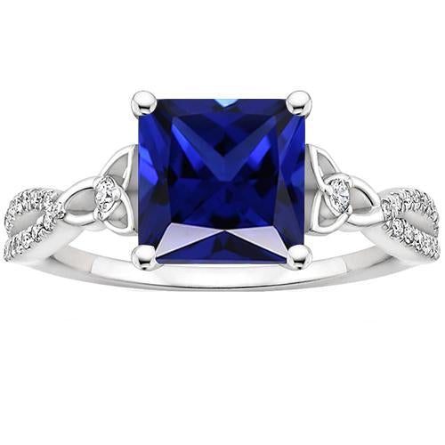 Bague diamant taille princesse saphir bleu tige torsadée en or 4 carats - HarryChadEnt.FR