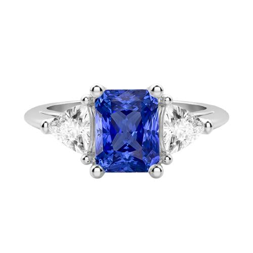 Bague diamant trillion trois pierres saphir bleu naturel 2 carats griffes - HarryChadEnt.FR